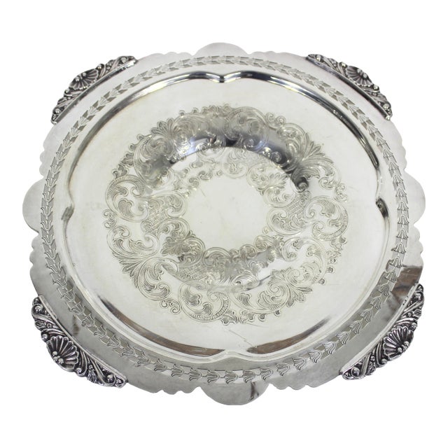 Vintage 9.75” Silver Tray With Shell Detail Corners, Round Silver Plated Dish With Pierced Cutout and Tulip Design For Sale