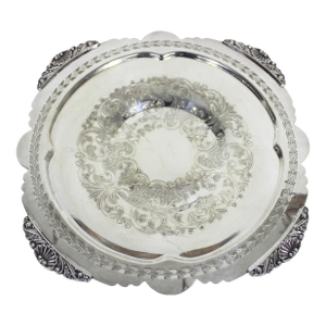 Vintage 9.75” Silver Tray With Shell Detail Corners, Round Silver Plated Dish With Pierced Cutout and Tulip Design