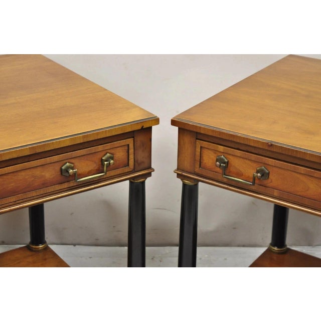 Heritage Late 20th Century French Empire Cherry Wood Black Column 1 Drawer Lamp End Table by Heritage, Pair For Sale - Image 4 of 11
