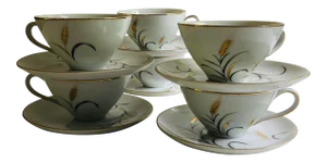 Midcentury Eternal Harvest Wheat Design China Cups & Saucers - Service for 6