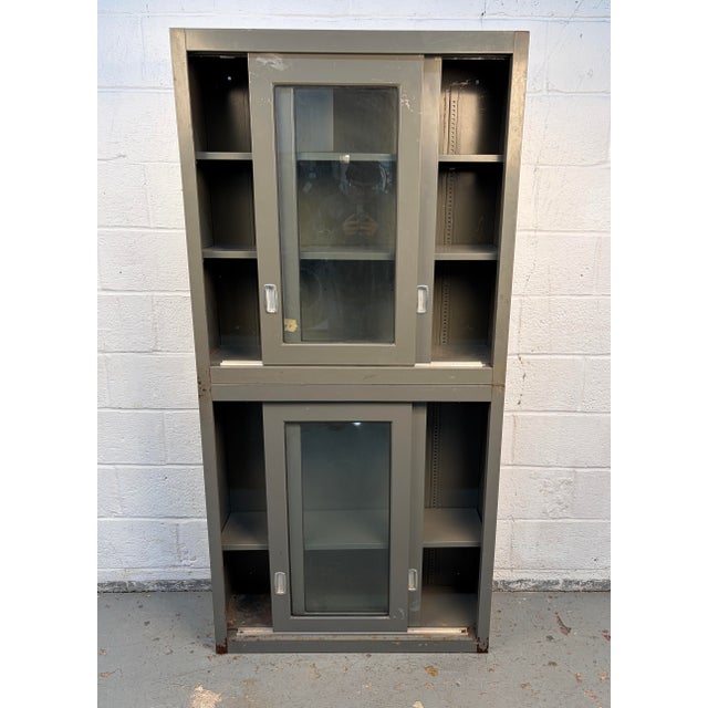 Mid 20th Century Industrial Stackable Metal Cabinet With Sliding Glass Doors For Sale In New York - Image 6 of 18