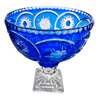 Large Bohemian Style Blue Crystal Centrepiece Pedestal Bowl on Ball Stem and Square Base, 1960s For Sale