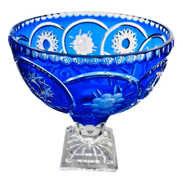 Large Bohemian Style Blue Crystal Centrepiece Pedestal Bowl on Ball Stem and Square Base, 1960s For Sale