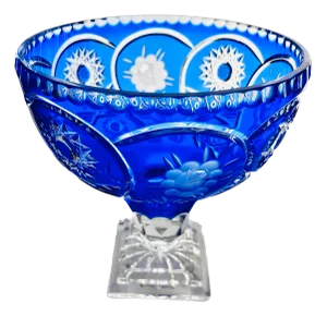 Large Bohemian Style Blue Crystal Centrepiece Pedestal Bowl on Ball Stem and Square Base, 1960s