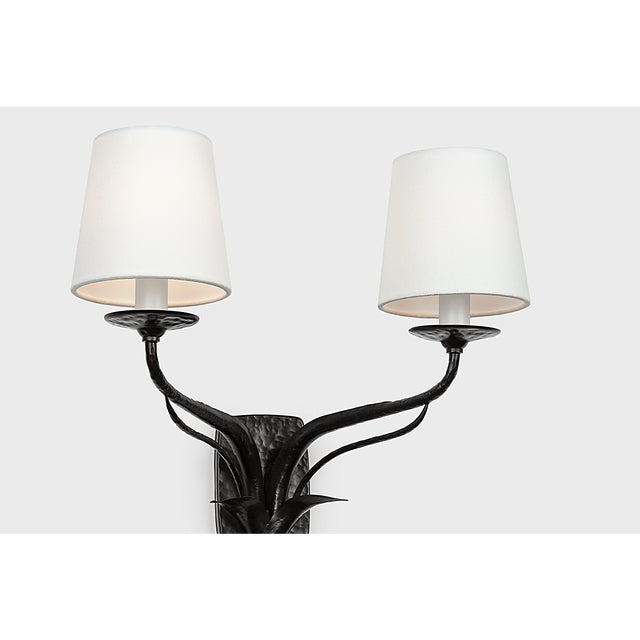 Visual Comfort Chapman & Myers for Visual Comfort Signature Amalfi 15" Double Sconce in Waxed Black with Linen Shades For Sale - Image 4 of 15