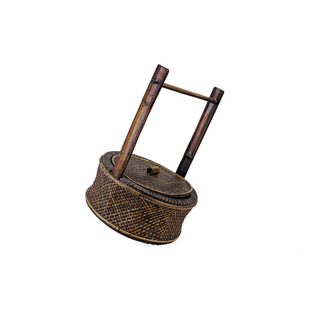 Brown Antique Chinese Wood & Woven Food Basket With Lid For Sale - Image 8 of 15