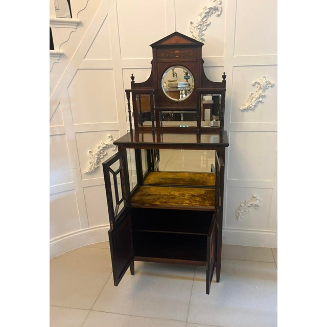 Wood Antique Edwardian Satinwood Inlaid Mahogany Display Cabinet with Mirror Back, 1900 For Sale - Image 7 of 12