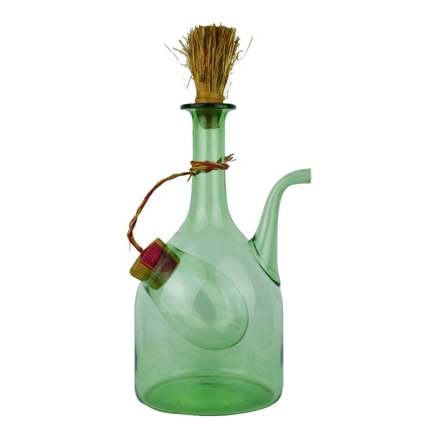 Vintage Hand Blown Italian Green Glass Wine Decanter Carafe With Ice Chamber Chiller and Stoppers For Sale