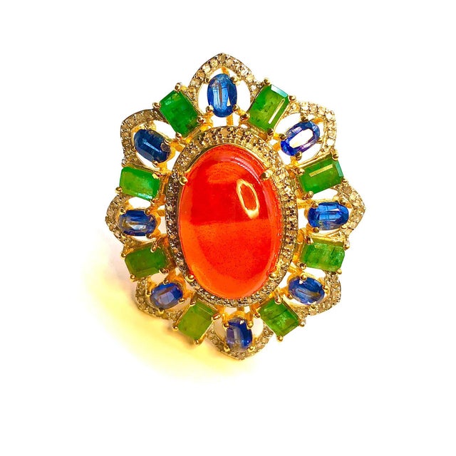 Bochic "Orient" Orange Opal, Emerald, & Diamond Ring Set In 18K Gold & Silver For Sale - Image 17 of 18