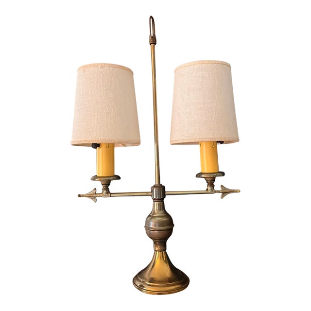 Vintage French Brass & Marble Bouillotte Lamp – Twin Arrow / Archer Table Lamp With Clip-on Shades For Sale