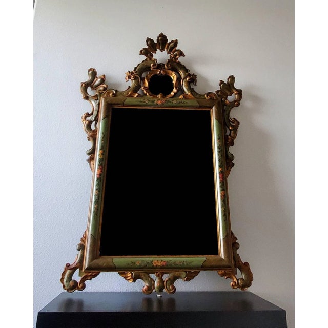 Antique Venetian Rococo Style Carved Polychrome Painted Green Gilt Wood Frame Wall Mirror For Sale - Image 11 of 11