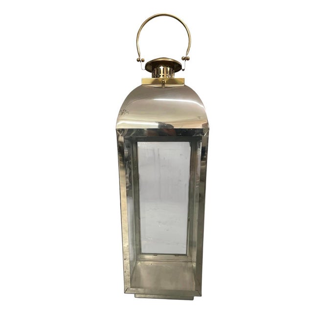 Platinum Pair of Vintage Hollywood Regency Style Polished Nickel & Brass Large Floor Lanterns For Sale - Image 8 of 12