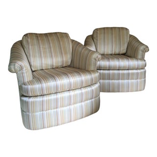 Custom Striped Silk Swivel Club Chairs- a Pair For Sale