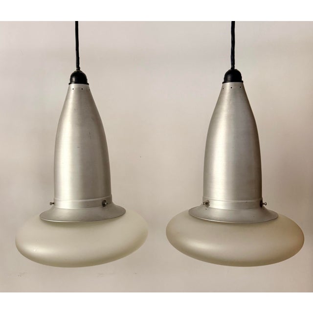 1960s Space Age Brushed Aluminum & Frosted Glass Pendant Lights a Pair For Sale - Image 10 of 10