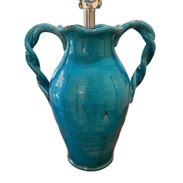 Contemporary Coastal Tuscan Style Glazed Handled Pottery Urn Lamp Bring a vibrant pop of Mediterranean blue color into...