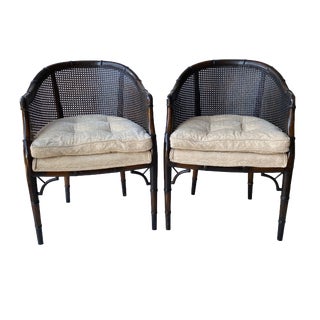Vintage Hollywood Regency Faux Bamboo and Cane Barrel Back Club Chairs - a Pair For Sale