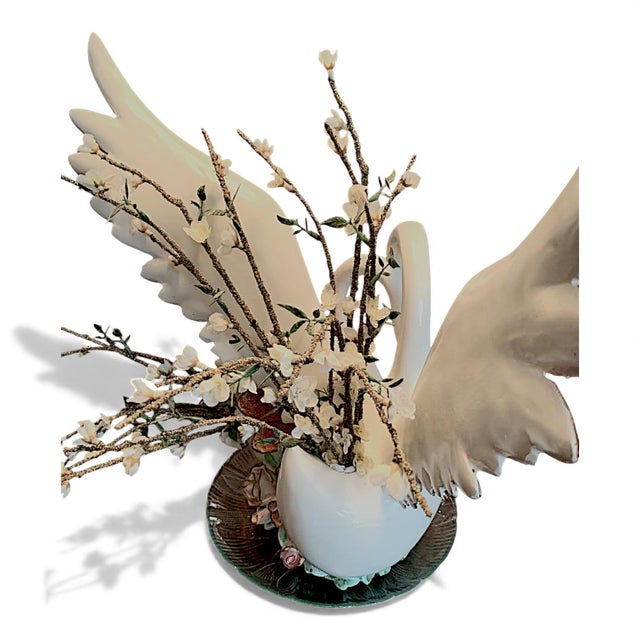 1980s Large Hand Painted Loving Swans Ceramic Statue Vase For Sale - Image 9 of 14
