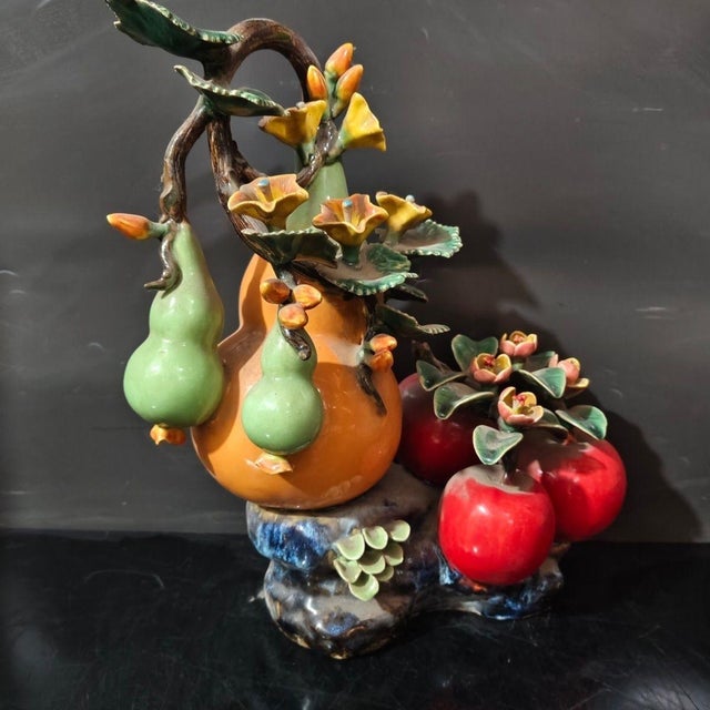 Vintage Shiwan Kiln Glazed Gourd & Apple Sculpture / Chinese Good Luck Statue For Sale - Image 4 of 7