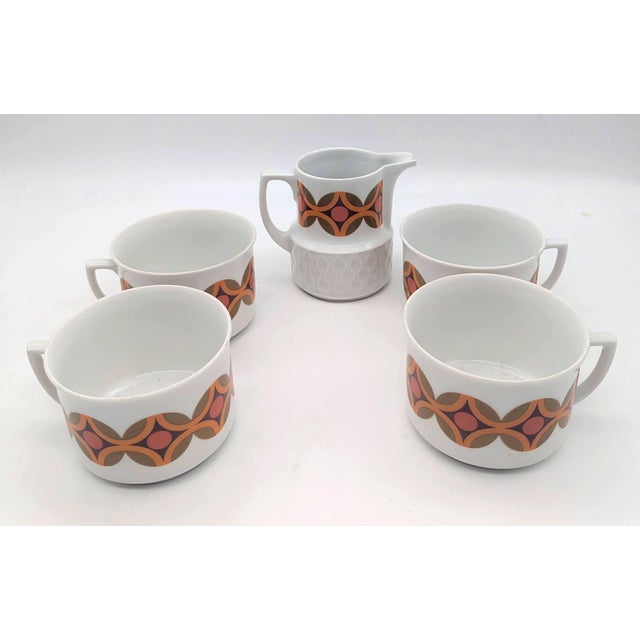 Mid-Century Modern Mid 20th Century Schirnding Bavaria Bone China Tea Cups, Creamer and Dessert Plate, 6 Pieces For Sale - Image 3 of 10