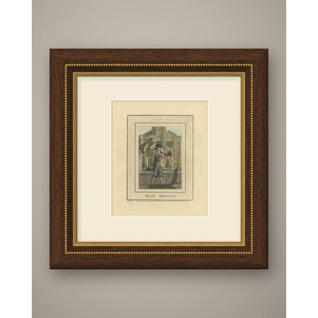 An original antique hand colored copper engraving of a london street seller, lettered "hair brooms." below the image and...