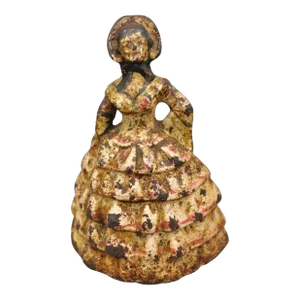 Antique Victorian Cast Iron Figural Painted Small Hoop Skirt Girl Door Stop