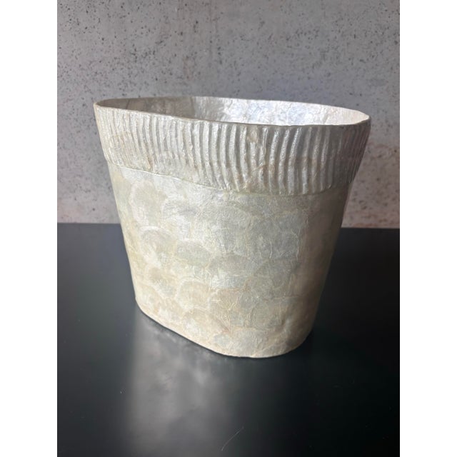 Hollywood Regency Vintage 1980s Coastal Capiz Shell Wastebasket For Sale - Image 3 of 7