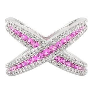 Pink Sapphire & Diamond Criss Cross Cocktail Ring- Round Cut Gemstone Midi Finger Ring Size 5 For Sale