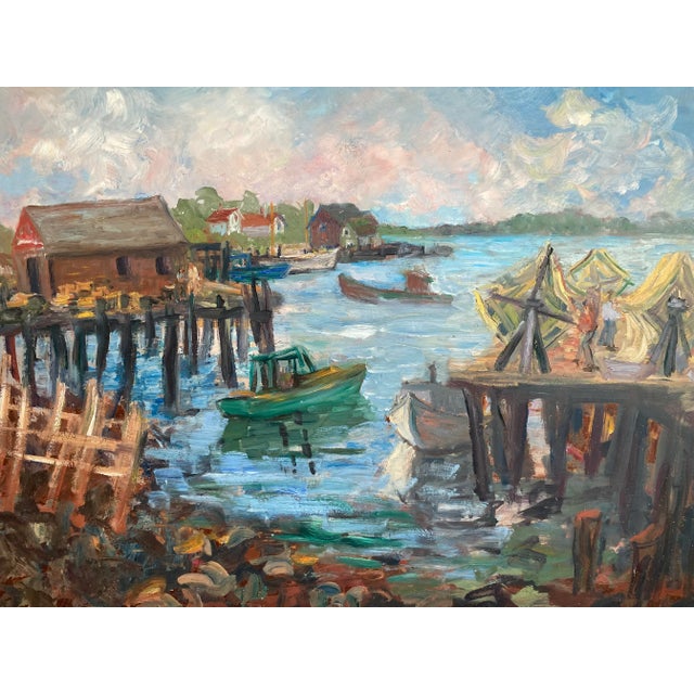 Large Vintage Wpa Style Dock Scene Painting, Signed, Framed For Sale - Image 11 of 13
