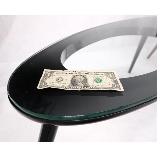 Mid 20th Century Pair Glass Top Black Lacquer Oval Pierced Shape Solid Tops End Side Tables Stand For Sale - Image 12 of 12