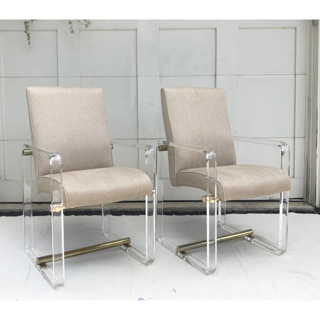 Charles Hollis Jones Upholstered Brass and Lucite Armchairs - a Pair For Sale - Image 4 of 12
