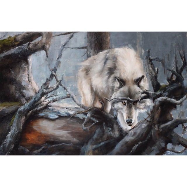 Shade and Shadow by Morgan Cameron | Oil on board Painting of a wolf among trees and branches For Sale