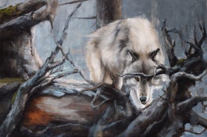 Shade and Shadow by Morgan Cameron | Oil on board Painting of a wolf among trees and branches