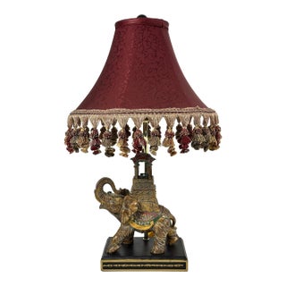 Late 20th Century Detailed Elephant Design Accent Lamp Deep Red Shade Embellishments For Sale