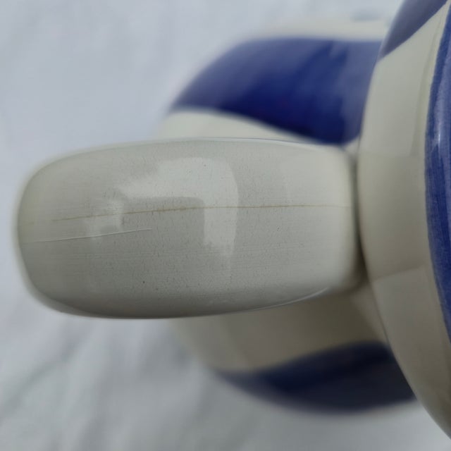 Vintage Hand-Painted Italian Blue & White Ceramic Pitcher | Mediterranean Farmhouse Artisanal Pottery Vase For Sale - Image 9 of 11