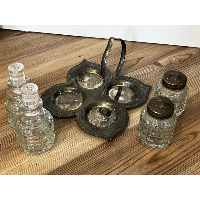 Early 19th Century Vintage 4-Piece Glass and Metal Condiment Cruet Set - 5 pcs For Sale - Image 5 of 9