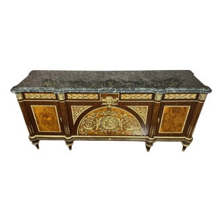 Mid 20th Century Louis XVI Style Gilt-Mounted Marquetry Commode With Green Marble Top For Sale