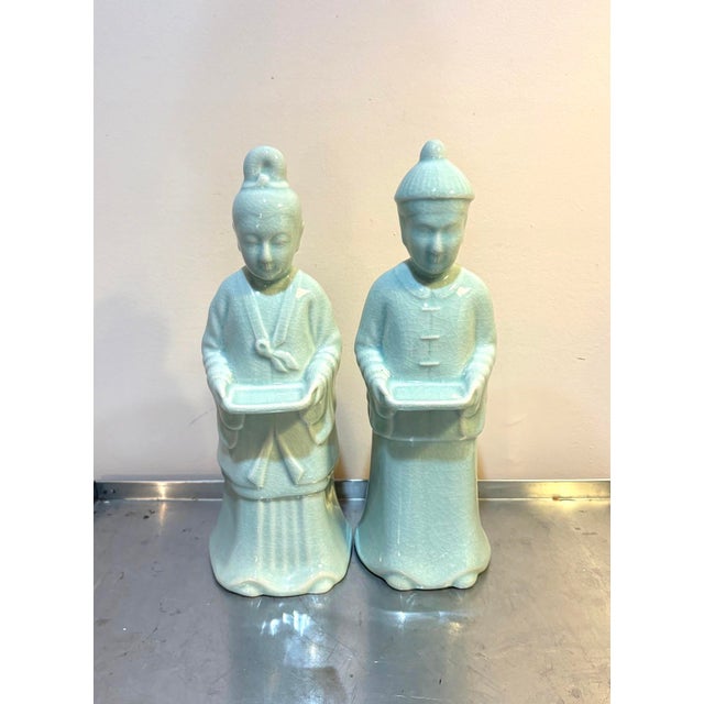 1960s-70s Maitland-Smith celadon glaze asian-style man/woman figurines; set of two. Excellent condition.