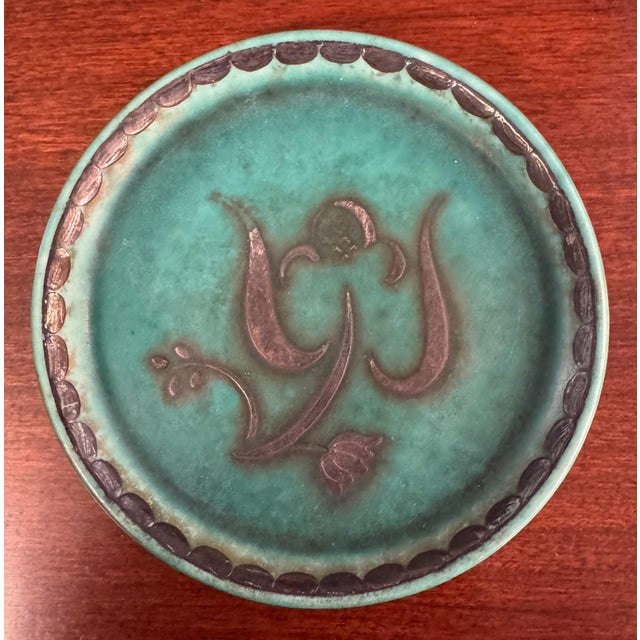 Mid 20th Century Swedish Gustavsberg Argenta Art Pottery Coasters, Set of 5, Turquoise Glazed With Silver Floral Motifs For Sale In Raleigh - Image 6 of 8
