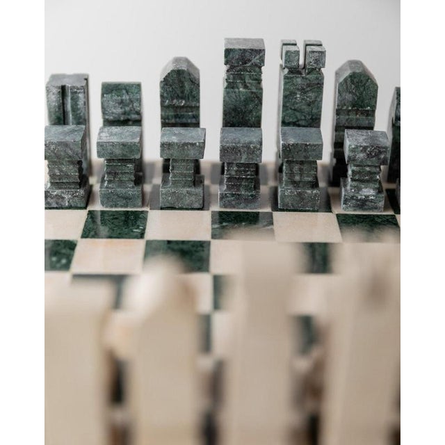 Vintage Marble Chess Set in Green and Beige Stone Chess, 1970s, Set of 33 For Sale - Image 4 of 17
