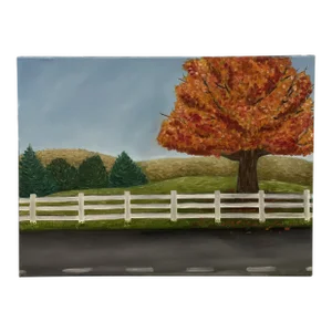 Late 20th Century Original Landscape Painting of an Autumn Maple Tree and White Picket Fence