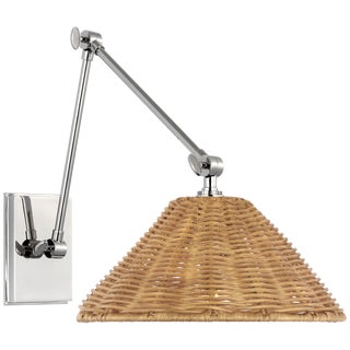 Marie Flanigan for Visual Comfort Signature Wimberley Double Library Wall Light in Polished Nickel with Natural Wicker Shade For Sale