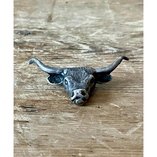 Mid-Century Modern Vintage Antiqued Silver Steer Head Pendant For Sale - Image 3 of 12