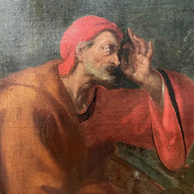 Antique Oil Painting on Canvas with Biblical Scene with Characters and Architecture from 1800, horizontal in format,...