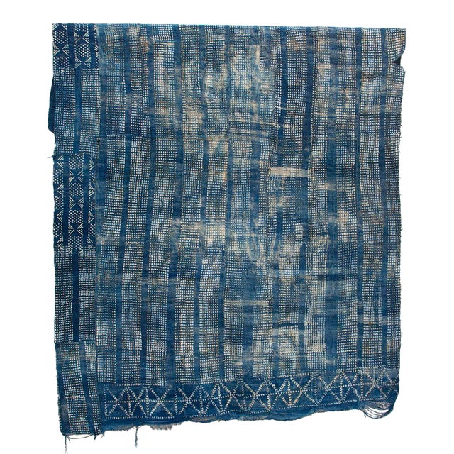 Azure Grid Indigo Mud Cloth Throw For Sale