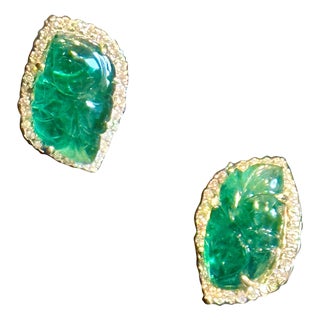 22 Ct Carved Emerald & 2 Ct Diamond Earrings 14 Karat Yellow Gold Post Earrings For Sale