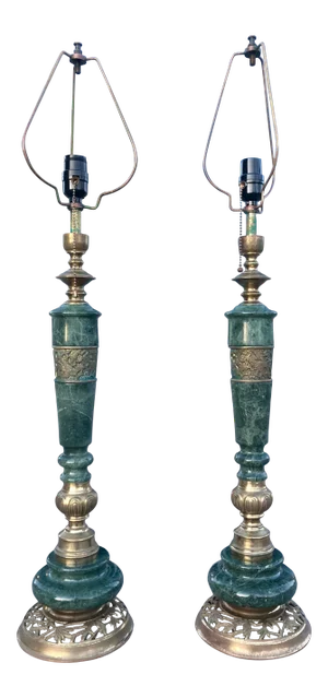 Japanese Bronze & Marble Column Table Lamps - a Pair