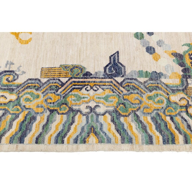 Textile 9x12 Hand-Knotted Modern Chinoiserie Wool Rug – Dragon & Cloud Motif in Cream For Sale - Image 7 of 11