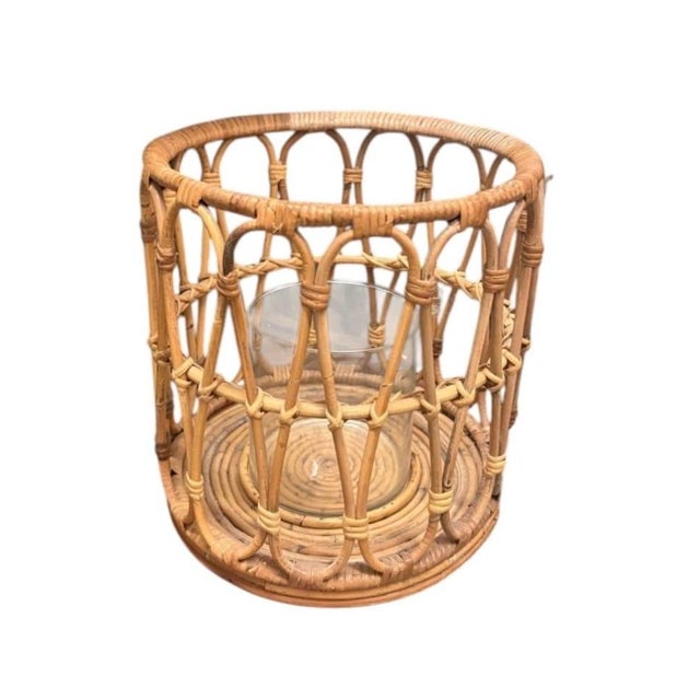 Pair of Vintage Mid-Century Boho Woven Rattan & Glass Hurricane Candle Holders For Sale - Image 4 of 12