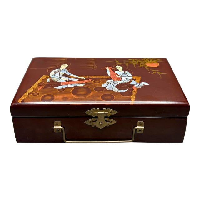 Vintage Vietnamese Lacquered Jewelry Box 1960s–1970s Brown Lacquer Mother of Pearl Inlay For Sale