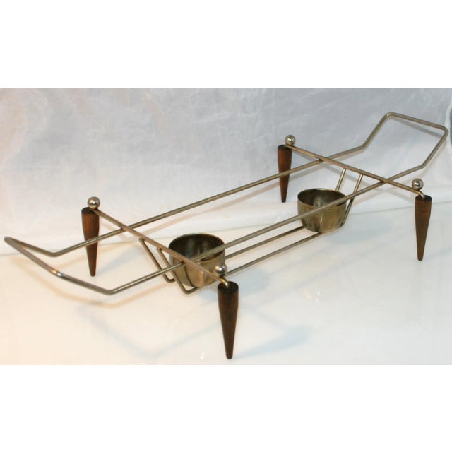 Mid Century Modern Teak & Gold Tone Metal Footed Large Rectangular Casserole Stand Warmer For Sale - Image 4 of 9